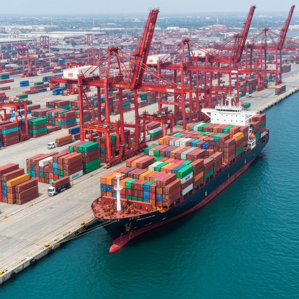 Cargo ship at port with logistics operations